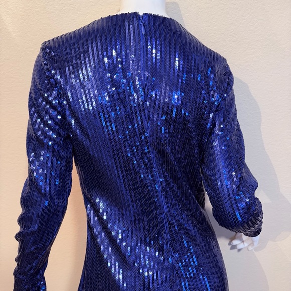 Bebe Blue Sequin Longsleeve Deep Plunge Sheer Panel Dress - Picture 9 of 12